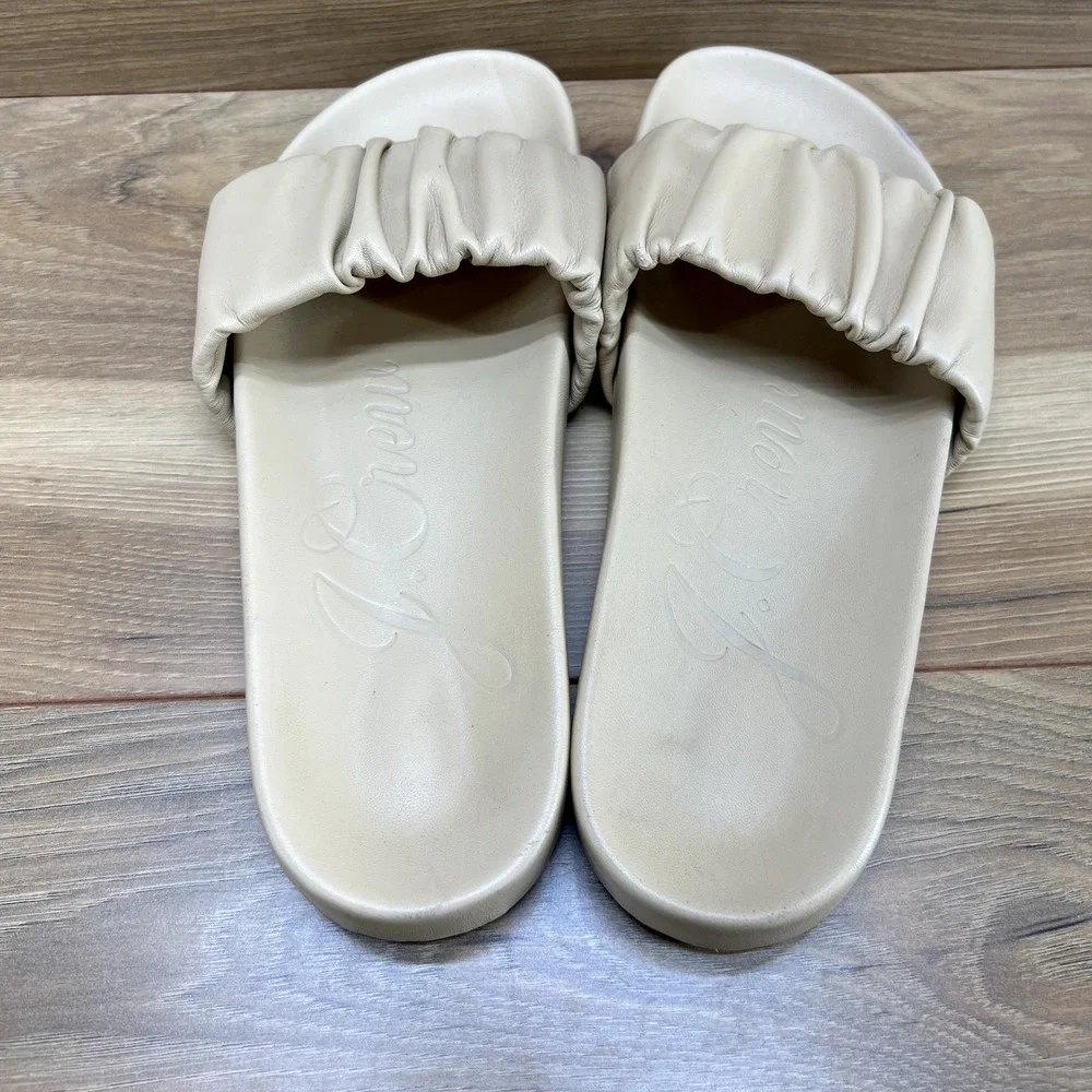 J Crew Slide Sandals‎ 6.5 Tan Pleated Ruched Soft Leather Flats
